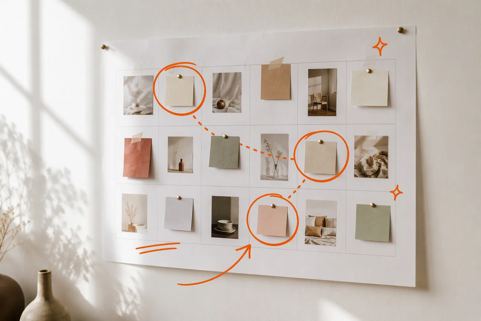 A paper content calendar on a studio wall
