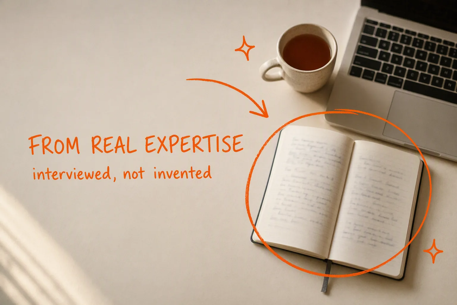 An open notebook beside a laptop and a cup of tea, hand-lettered in orange: FROM REAL EXPERTISE. interviewed, not invented.