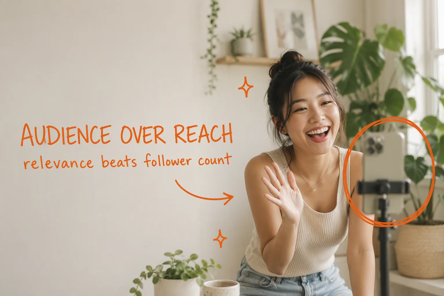 A creator laughing while filming herself on a phone, hand-lettered in orange: AUDIENCE OVER REACH. relevance beats follower count.