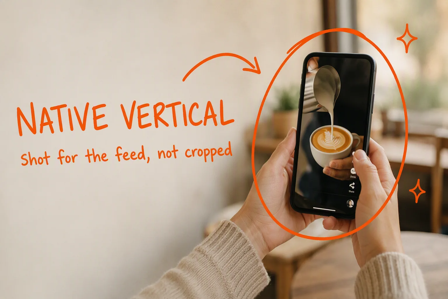 Hands holding a phone playing a vertical video in a cafe, hand-lettered in orange: NATIVE VERTICAL. shot for the feed, not cropped.