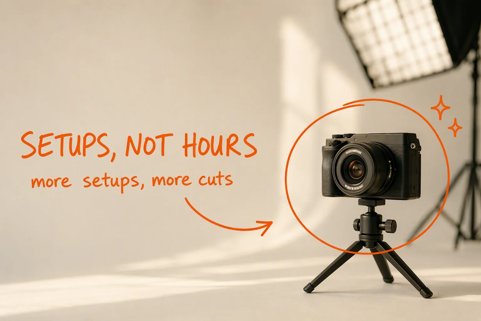 A mirrorless camera on a tripod in a daylit studio, hand-lettered in orange: SETUPS, NOT HOURS. more setups, more cuts.
