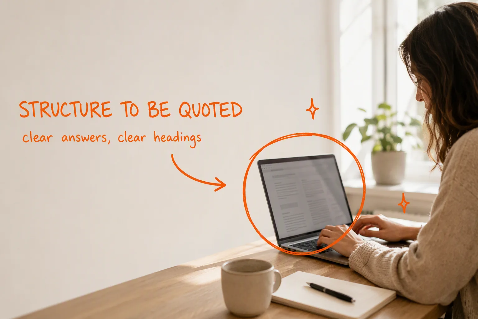 Typing on a laptop at a bright window desk, hand-lettered in orange: STRUCTURE TO BE QUOTED. clear answers, clear headings.